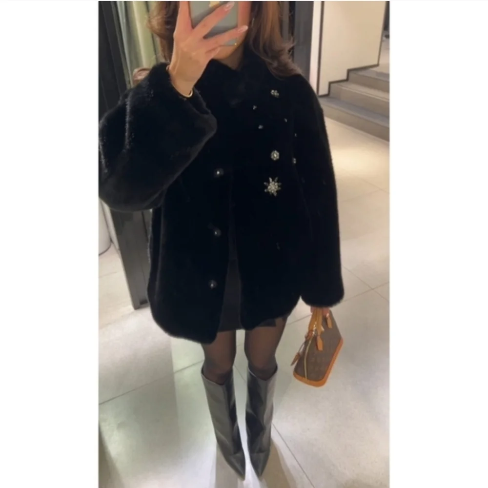 Zara Coat Jewel Faux Fur Black NWT - Picture 2 of 12